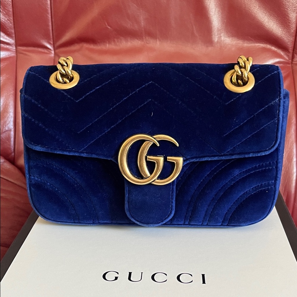 Gucci Velvet GG Marmont Shoulder Bag in Deep Blue with Gold Hardware